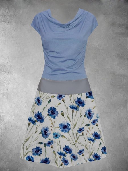 Estate Tempo libero Vacanza Stampa Contrasto Cucitura Maniche Corte Girocollo Abito, Azzurro, Casual Dresses