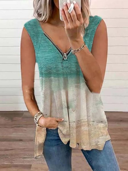 Scollo a V Stampato Casuale senza maniche Top, Multicolore, Blouses & Shirts