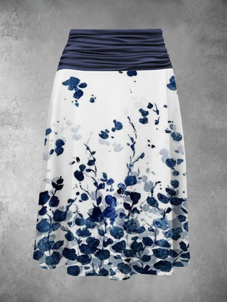 

Summer Lleisure Contrast Color Stitching Small Floral A Type Floral Color-Block Skirts, Blue white, Skirts