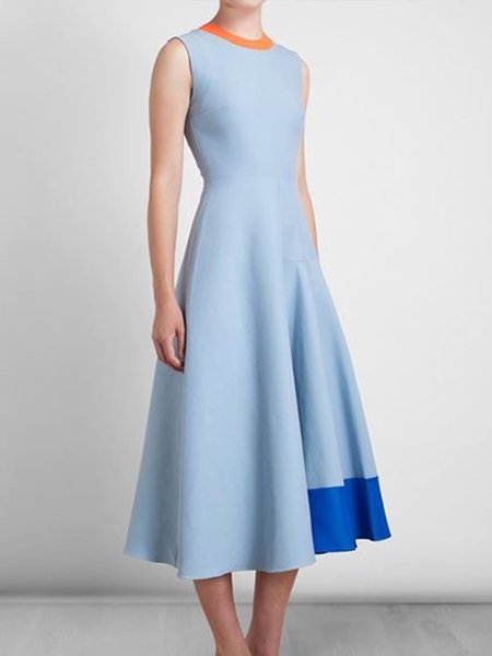 

A-Line Daily Geometric Crew Neck Evening Sleeveless Midi Dress, Blue, Midi Dresses