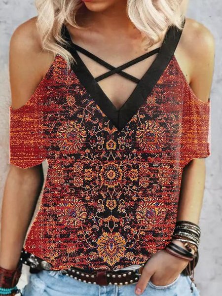 

Vintage Maniche Corte Scollo a V Top, Rosso, Tops