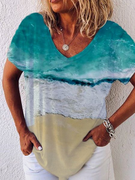 

Casual V Neck Short Sleeve T-shirt, As picture, Blouses & Shirts