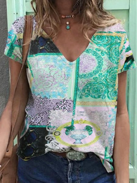 

Maniche Corte Misto Cotone Casuale Camicie & Top, Verde, Blouses & Shirts