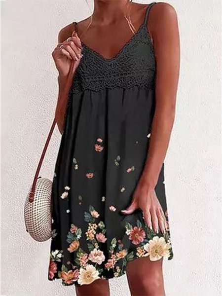 

Scollo a V senza maniche Floreale Misto Cotone Abito, Nero, Dresses