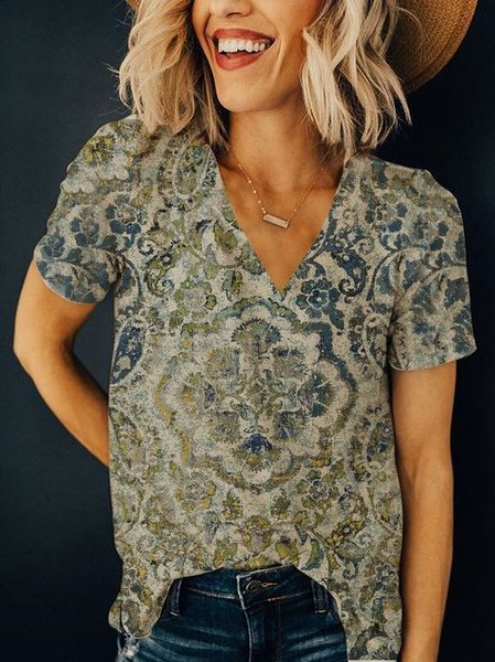 

Misto Cotone Maniche Corte Top, Verde, Tops