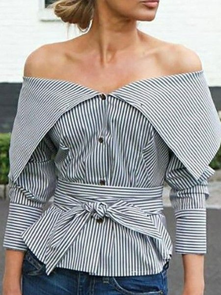 

Cotton-Blend Casual Long Sleeve Off Shoulder Blouse, White-black, Blouses and Shirts