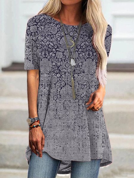 

Round Neck Casual Short Sleeve Tribal T-shirt, Blue, Tunics