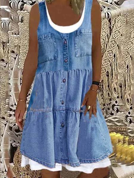 

Casual Denim Crew Neck Sleeveless Weaving Dress, Blue, Dresses