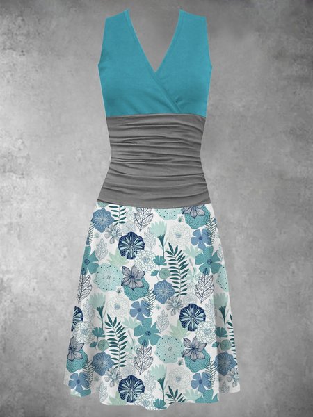 

Estate Tempo libero Vacanza Colpire Colore Stampa Cucitura Scollo a V senza maniche Floreale Spalla Nuda Abito, Acqua blu, Dresses
