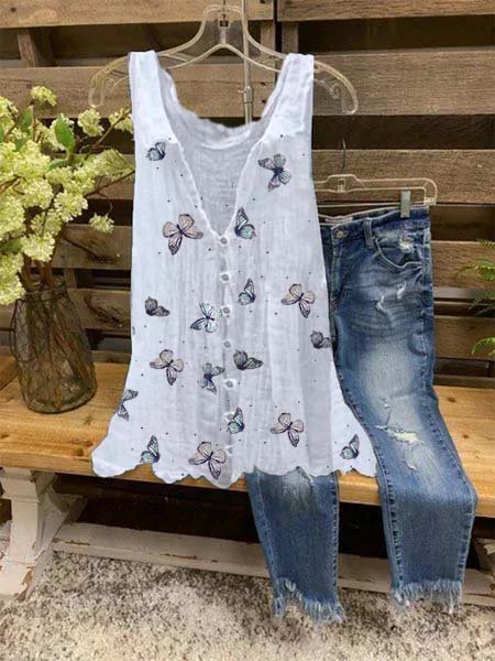 

senza maniche Casuale Stampato Top, Bianco, Tops