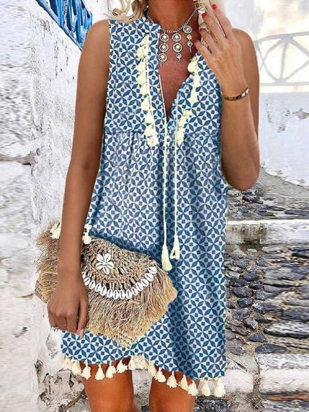 

Abito Geometrico Casuale Scollo a V, Blu, Dresses