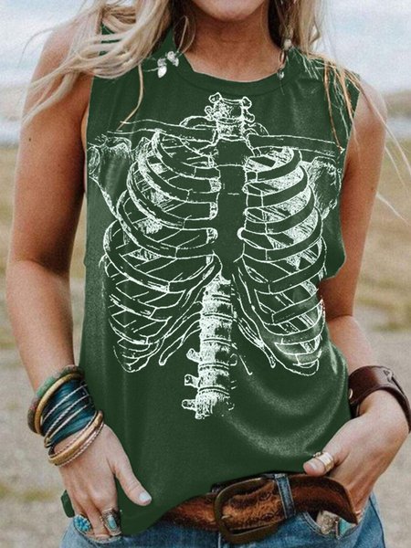 

Skull Crew Neck Casual Sleeveless Women Vests, Dark green, Tank Tops