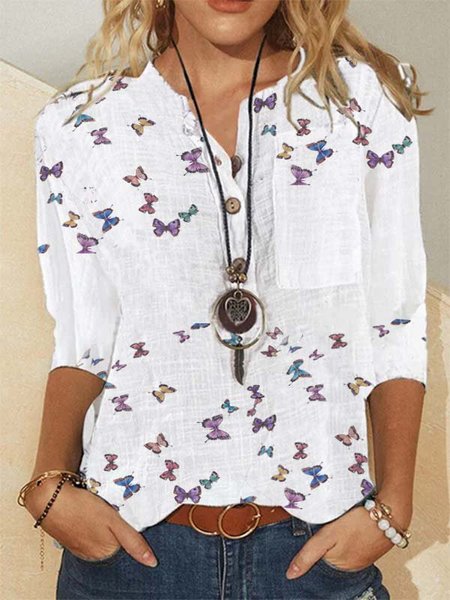 

Stampato Misto Cotone Casuale Scollo a V Top, Bianco, Blouses & Shirts