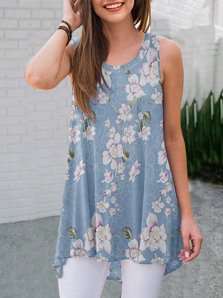 

Floral Crew Neck Sleeveless Tunics, Light blue, Tanks & Camis