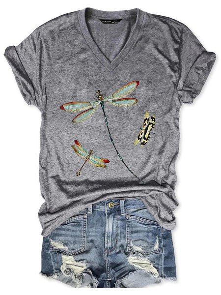 

Vintage Dragonfly Short Sleeve V-neck Tee, Gray, T-shirts