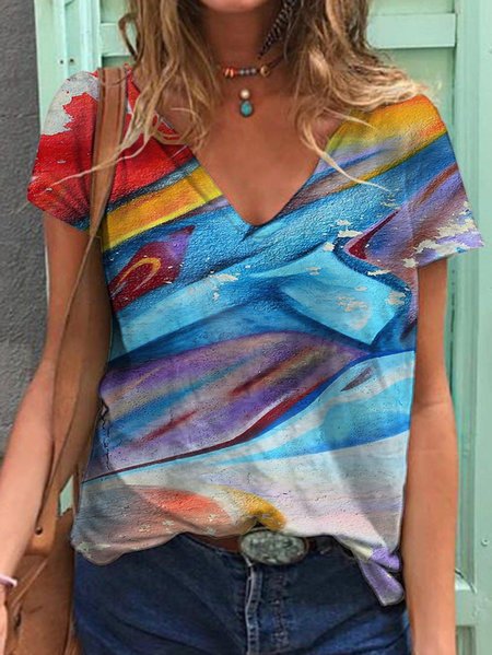 

Ladies Vintage Abstract V-Neck T-Shirt, As picture, T-shirts