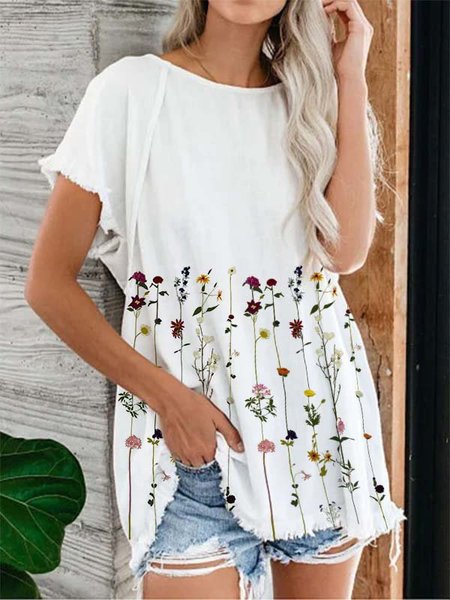 

Casuale Girocollo Misto Cotone Stampato Floreale Top, Bianco, Blouses & Shirts