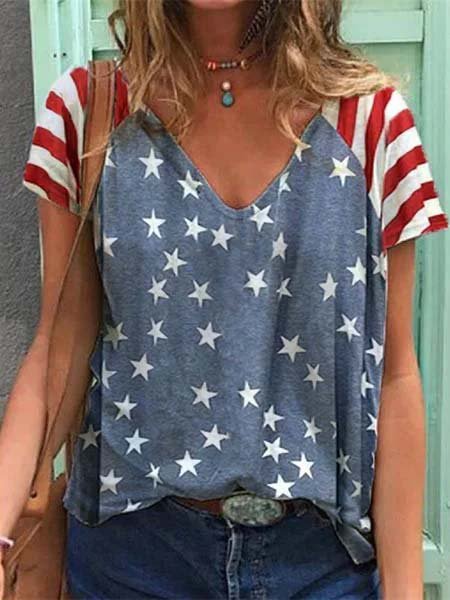 

V Neck Cotton-Blend Short Sleeve Casual T-Shirts, As picture, T-Shirts