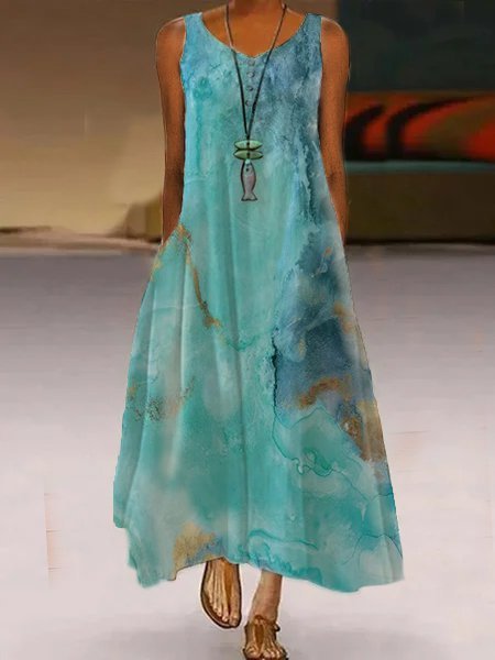

senza maniche Di base Astratto Stampato Abito, Blu, Dresses