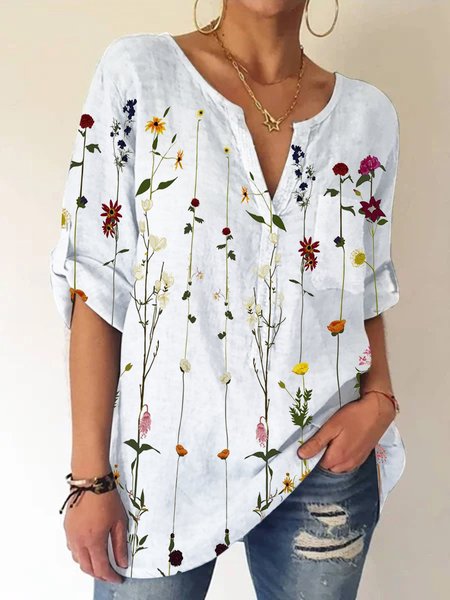 

Tasche Casuale Floreale Scollo a V Top, Bianco, Tops