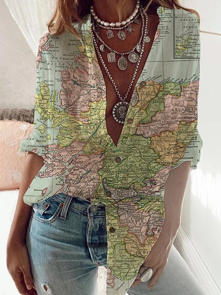 

Stampato Misto Cotone Maniche Lunghe Casuale Camicie & Top, Multicolore, Tops