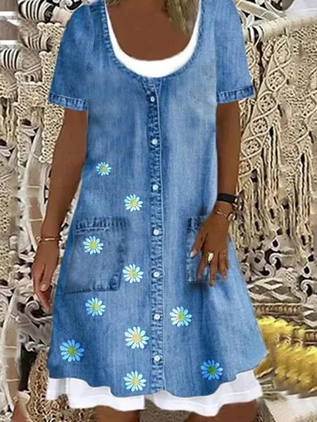 

Sunflower Shift Sleeveless Cotton-Blend Holiday Weaving Dress, Blue, Dresses