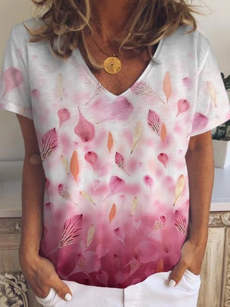 

Vintage Leaves Floral Printed Plus Size Short Sleeve V Neck Casual Tops, Red, Printed T-shirts