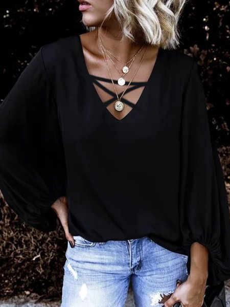 

Casual Long Sleeve V Neck Tops, Black, Tops