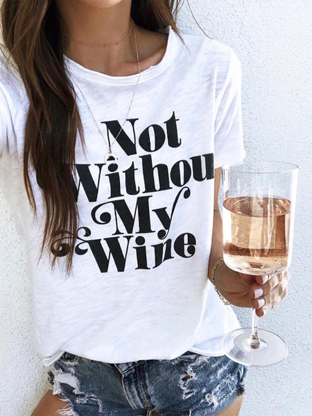 White Letters Printed Short Sleeve Casual Round Neck Shift Shirts & Tops, Tops