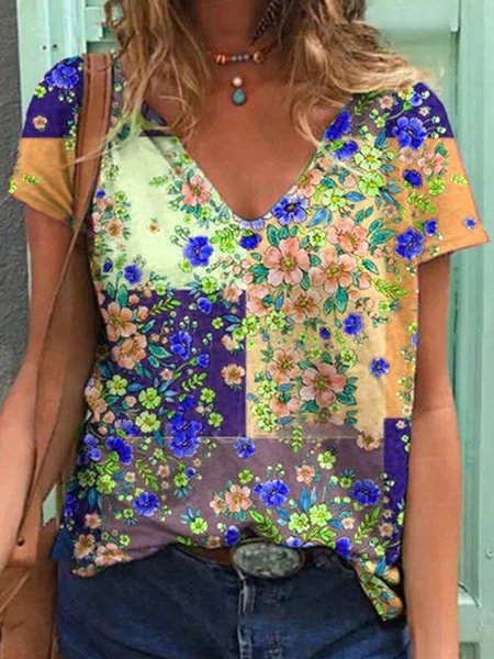 Patchwork Maniche Corte Scollo a V Camicie & Top, Giallo, Blouses & Shirts