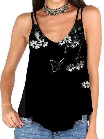 

Misto Cotone Vacanza senza maniche Floreale Top, Nero, Tank Top