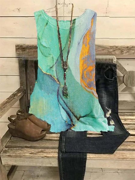 

senza maniche Cotone Stampato Girocollo Camicie & Top, Verde, Tank Top