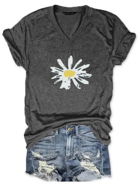 

Scollo a V Misto Cotone Casuale Stampato Floreale Top, Nero, Blouses & Shirts