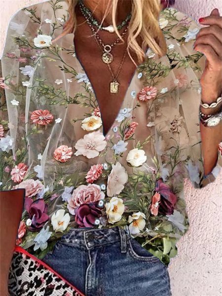 

Vintage Stampato Maniche Lunghe Scollo a V Camicie & Top, Multicolore, Tops