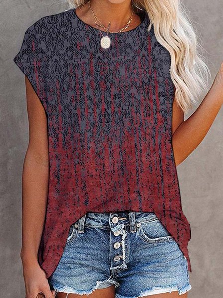 

Paisley Short Sleeve Printed Cotton-blend Crew Neck Vintage Summer Red Top, T-Shirts