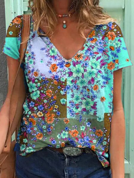 

Printed Casual V Neck T-shirt, Cyan, T-Shirts