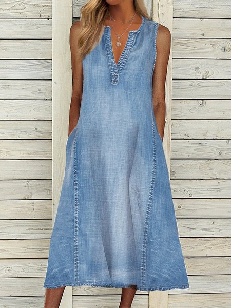 

Tinta unita senza maniche Scollo a V Gonna Casuale, Blu, Dresses