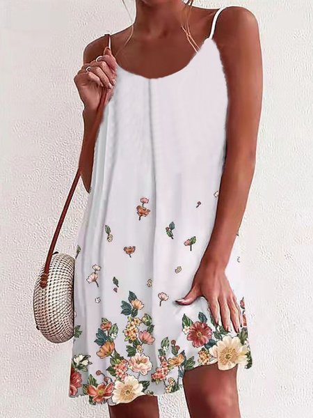 

Vintage Floral Printed Sleeveless Round Neck Plus Size Casual Dresses, White, Dresses