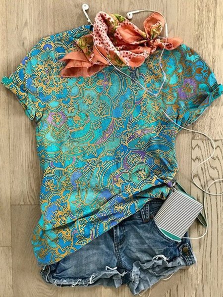 

Stampato Casuale Girocollo Top, Blu, Blouses & Shirts