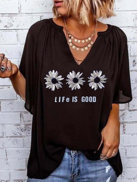 

Scollo a V Misto Cotone Maniche Corte Camicie & Top, Nero, Tops