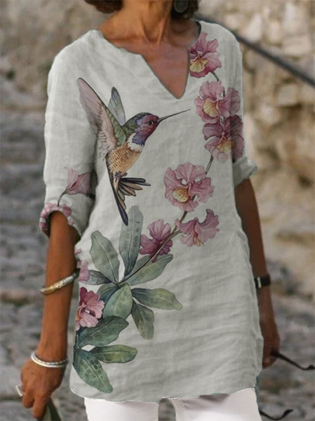 

Mezza Manica Scollo a V Casuale Stampato Floreale Top, Grigio, Blouses & Shirts