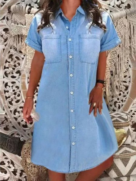 

Denim Short Sleeve Shirt Collar Women Dress, As picture, Midi Dresses