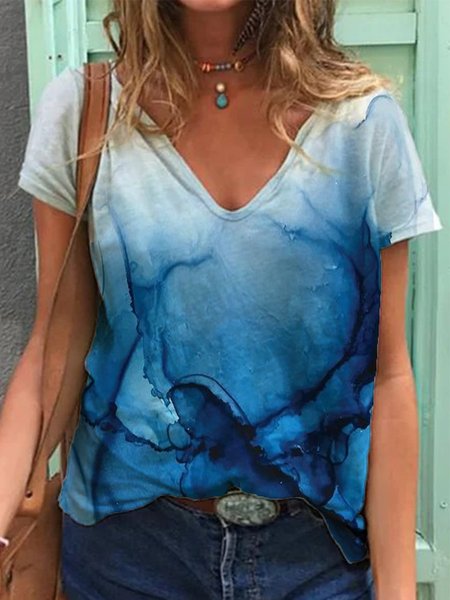 

Cotton Casual V Neck Short Sleeve T-shirt, Blue, Tops