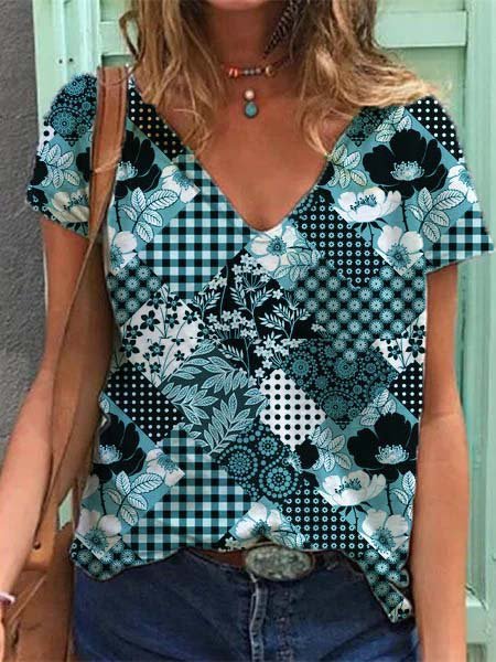 

Casual Shift V Neck Short Sleeve T-Shirts, As picture, T-Shirts