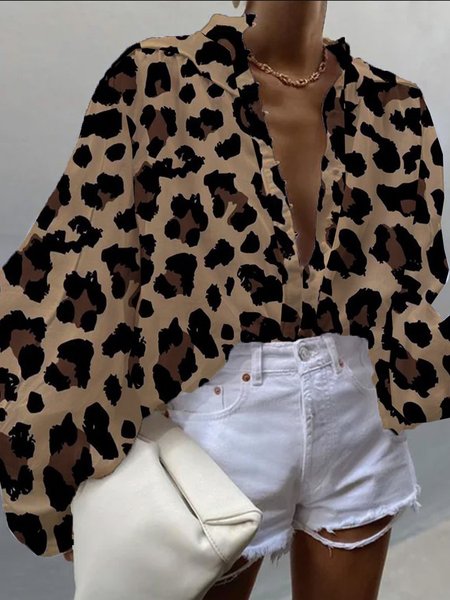 

Work Leopard Shift For Work Polyester Stand Collar Top, Blouses and Shirts