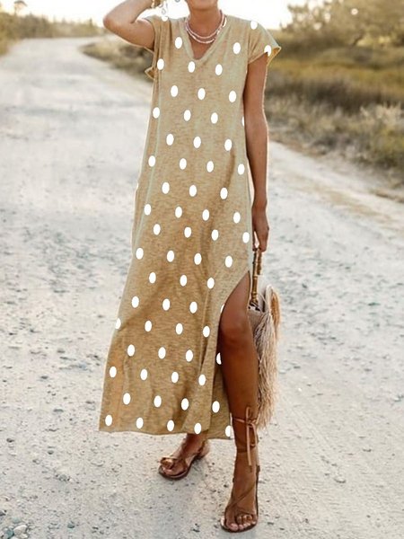 

Abito a pois Stampato Di base Maniche Corte, Cachi, Dresses