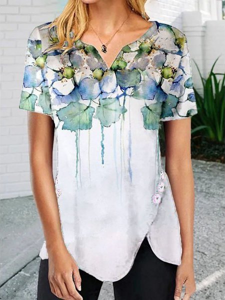 

Floral Printed Cotton-Blend Casual Tunic T-shirt, White, T-Shirts