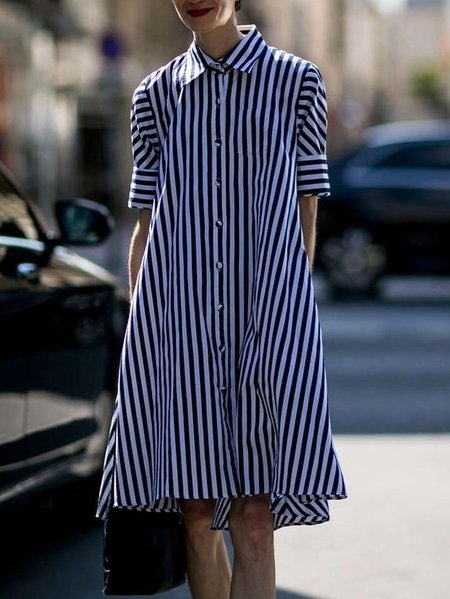 

Casual Shift Short Sleeve Shirt Collar Midi Dress, As picture, Midi Dresses