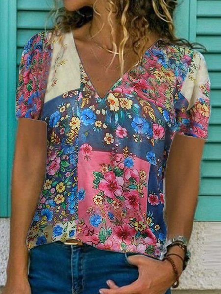 

Short Sleeve Cotton-Blend T-shirt, As picture, T-Shirts