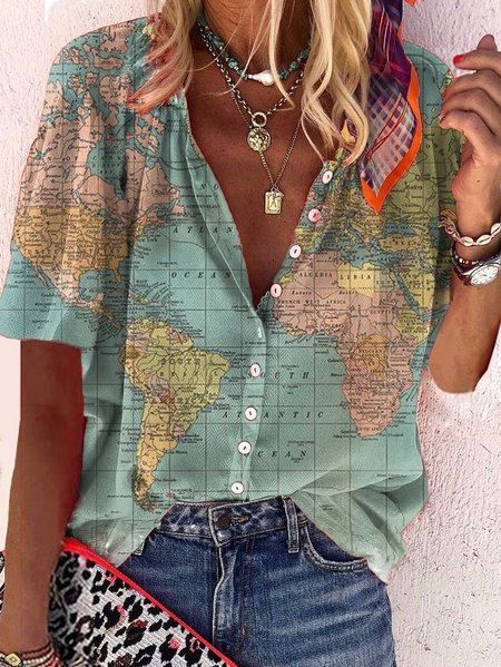 Taglia grossa Stampato camicia con carta geografica design, Verde, Tops